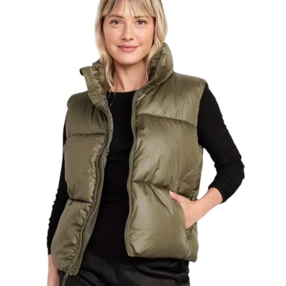 Old Navy Womens Olive Green Zip Water Resistant Shiny Quilted Puffer Vest M - Picture 1 of 7